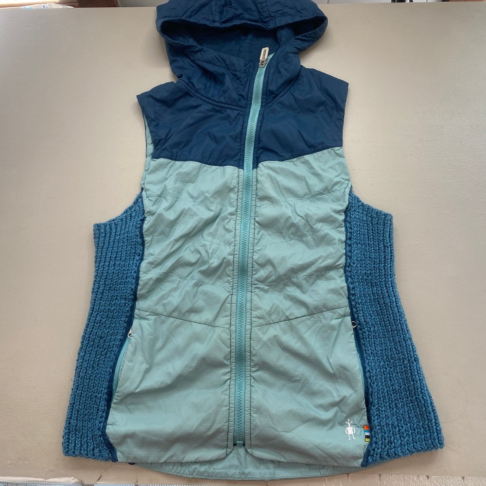 Smartwool Reworked Vest Women S Blue Hooded Merino Wool Knit Panel Gorpcore